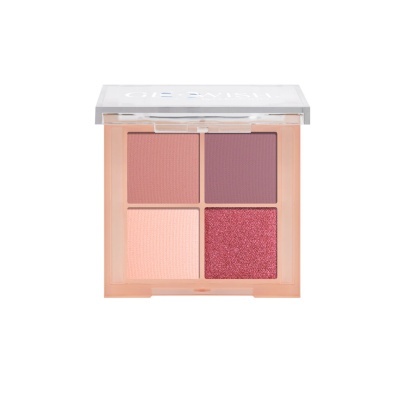 Paleta de sombras com quatro cores em tons rosa e roxo