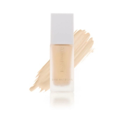 Frasco de base líquida bege claro com tampa branca em fundo branco