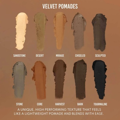 Amostras de oito tons de pomadas para sobrancelhas em fundo castanho com texto descritivo em inglês.