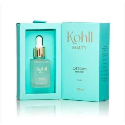 Frasco de óleo facial Kohll Beauty Oill Glam com caixa azul