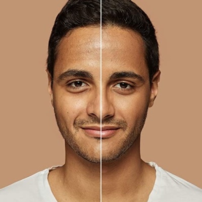 Divisão facial mostrando antes e depois de tom de pele mais claro