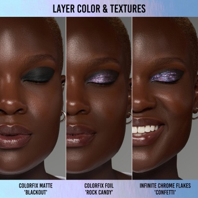 Três versões de maquiagem nos olhos em pele escura com diferentes texturas e cores.