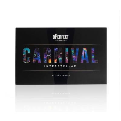 Embalagem preta do produto bPerfect Cosmetics Carnival Interstellar com letras coloridas.