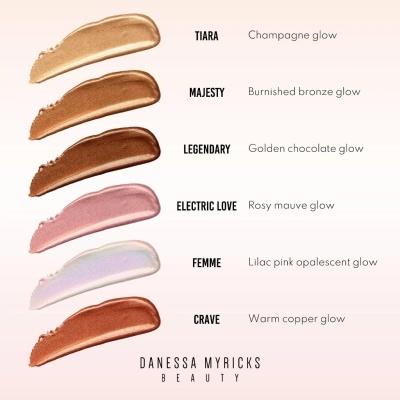 Seis amostras de maquilhagem coloridas com nomes e descrição de cores, assinadas por Danessa Myricks Beauty