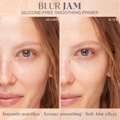 Imagem comparativa antes e depois de primer BLUR JAM para efeito suavizante sem silicone