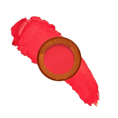 Simples batom ou blush cremoso coral com embalagem redonda castanha e amostra do produto