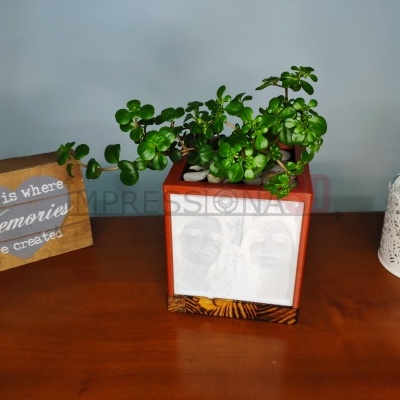Vaso de planta quadrado vermelho com planta verde sobre mesa de madeira, placa decorativa com texto e castiçal branco