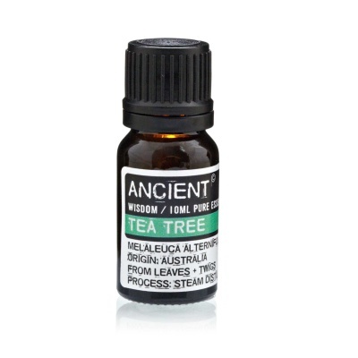 Frasco pequeno de essência Tea Tree Ancient com rótulo branco e verde