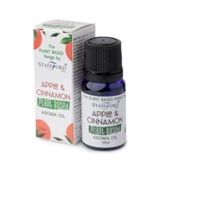 Frasco azul de óleo aromático Apple & Cinnamon com embalagem branca e ilustrações de maçãs