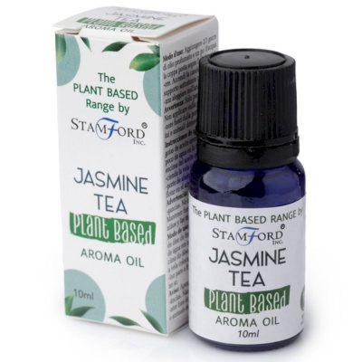 Frasco e caixa de óleo aromático Jasmine Tea da Stamford Inc., 10ml, com design em branco e verde.