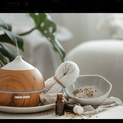 Difusor de aroma em madeira e branco com itens de spa numa bandeja em ambiente interior claro