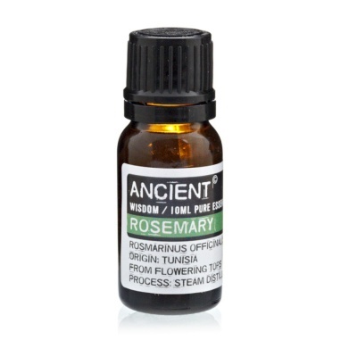 Frasco âmbar de óleo essencial de alecrim ANCIENT 10ml com etiqueta branca e preta