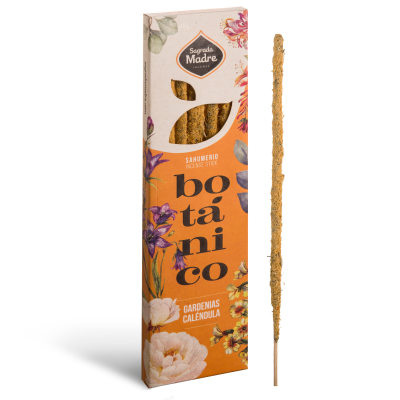 Incenso em pau Sagrados Madre em embalagem laranja com flores e texto botânico