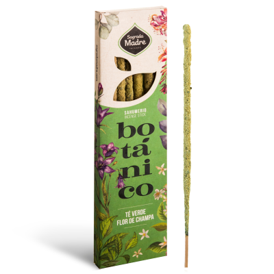 Embalagem verde de palitos de incenso botânico com ilustrações de flores e um palito de incenso