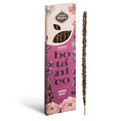 Caixa de incenso botânico lavanda e rosas com vareta coberta de flores secas