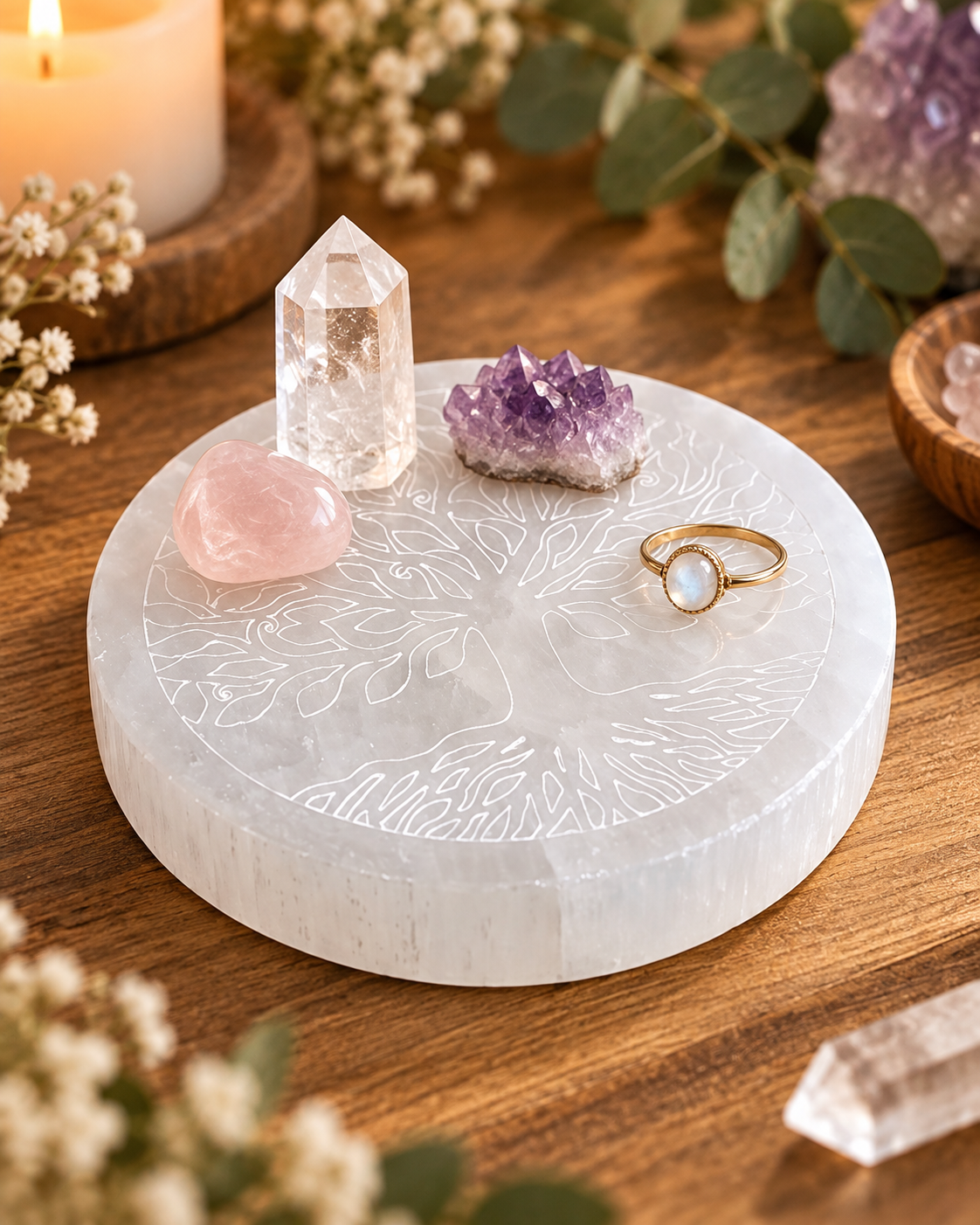 Base de Selenite Base redonda branca de cristal com pedras preciosas e anel dourado sobre mesa de madeira