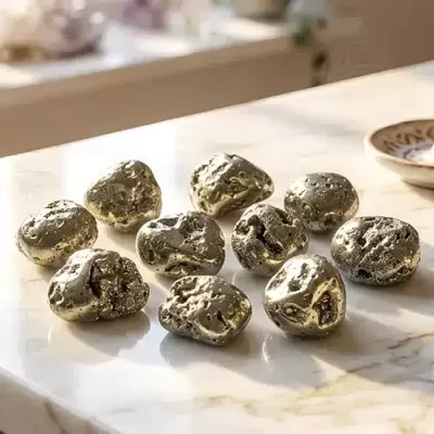 Pedras metálicas douradas decorativas sobre superfície de mármore clara