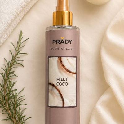Spray corporal PRADY Body Splash Milky Coco com tampa dourada e rótulo lilás