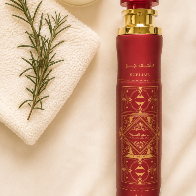 Spray de ambientador vermelho com detalhes dourados junto a toalha branca e ramo de alecrim