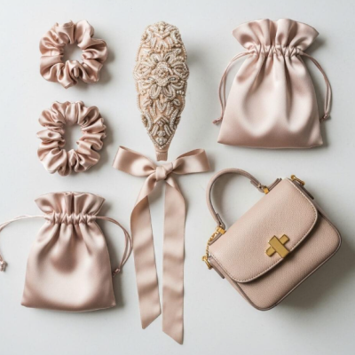Acessórios em cetim cor de rosa incluindo scrunchies, bolsas pequenas, faixa de cabelo bordada e mala de mão com fecho dourado