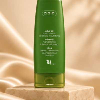Frasco verde de creme de mãos Ziaja com texto multilíngue e símbolo vegan em fundo bege acetinado