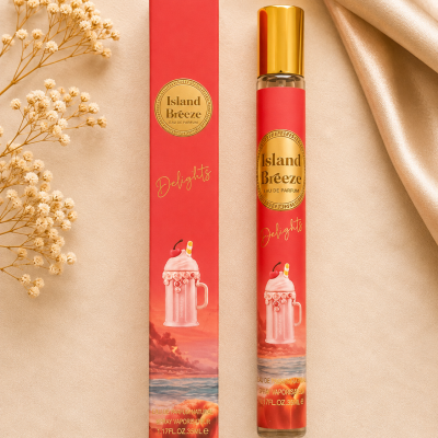 Frasco de perfume Island Breeze com embalagem vermelha e detalhes dourados