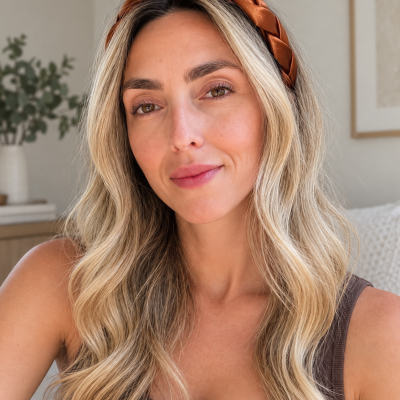 Faixa de cabelo feminina castanha trançada em tecido acetinado