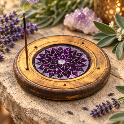 Incensário redondo em madeira e metal com padrão floral roxo