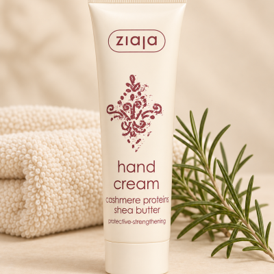 Creme de mãos Ziaja em tubo creme com padrão decorativo castanho e fundo neutro com toalha e ramo de alecrim.