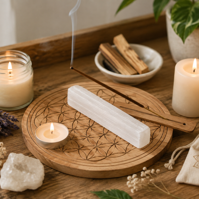 Conjunto de aromaterapia com velas, incenso, pedra branca, lavanda, madeiras, saco de tecido e planta.