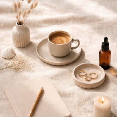 Conjunto de objetos decorativos e de escritório em cores neutras sobre tecido bege