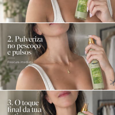 Spray corporal PRADY VERY MATCHA verde com tampa dourada em mão de mulher com regata branca.
