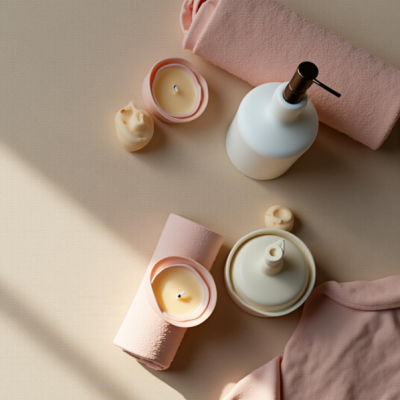 Produtos de spa com velas, toalhas e frascos em tons de rosa e branco sobre superfície bege