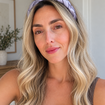 Mulher com faixa de cabelo trançada lilás acetinada e camisola castanha em ambiente interior