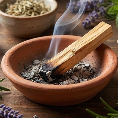 Taça de barro com madeira fumegante e cinzas, flores de lavanda e ervas