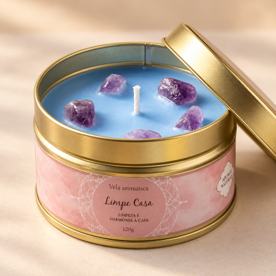 Vela aromática azul clara com pedras roxas numa lata dourada com etiqueta rosa