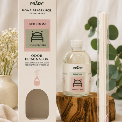 Kit ambientador para quarto com embalagem, garrafa e palitos difusores
