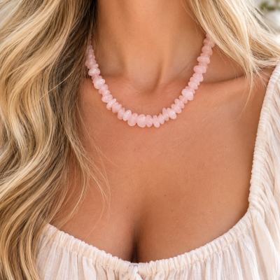 Colar de pedra rosa usado por mulher com blusa branca