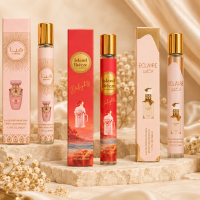 Perfumes com embalagens coloridas e tampas douradas em cenário elegante com pedras claras e seda bege.