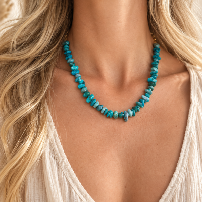 Colar azul turquesa com contas irregulares no pescoço de mulher com blusa branca e cabelo loiro