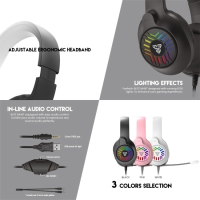 Auriculares over-ear com luz RGB, controle de áudio integrado e arco ajustável disponíveis em três cores