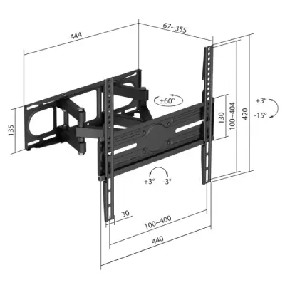 Suporte articulado preto para TV com medidas e ângulos de ajuste indicados
