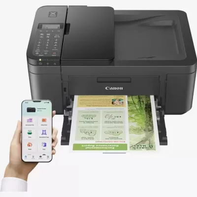 Impressora Canon PIXMA preta a imprimir documento colorido com telemóvel a mostrar aplicação Canon Printer.