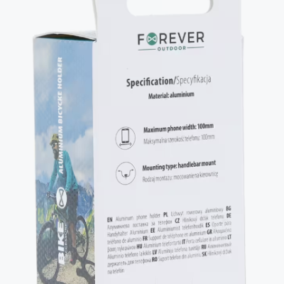 Caixa branca de suporte para telemóvel de bicicleta em alumínio com especificações e ilustração de ciclista