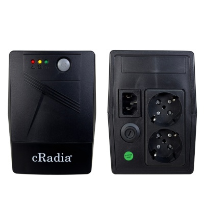 Dispositivo eletrônico cRadia preto com luzes indicadoras e tomadas elétricas.