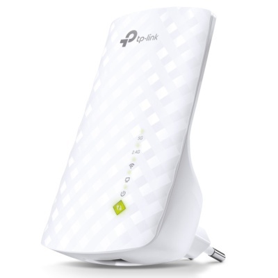 Extensor de sinal Wi-Fi branco tp-link com luzes indicadoras e botão verde