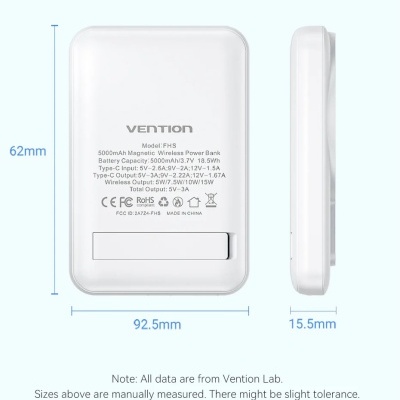 Power bank Vention branco com texto técnico e dimensões