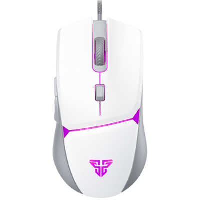 Rato de computador branco com detalhes em cinza e rosa e luzes