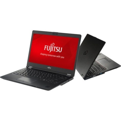 Dois computadores portáteis pretos Fujitsu, um aberto com ecrã vermelho e texto, outro semi-aberto