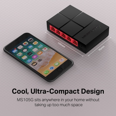 Dispositivo de rede preto com portas ethernet vermelhas ao lado de telemóvel preto